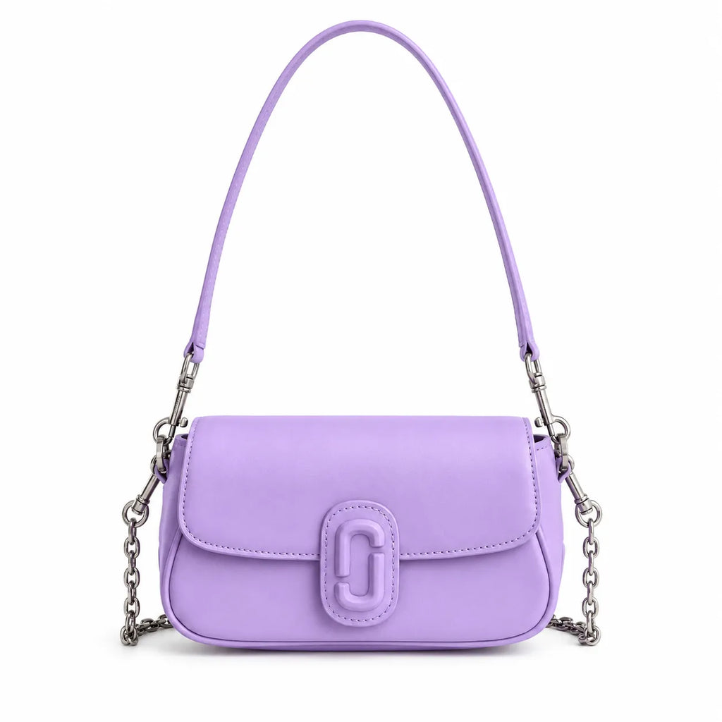 Marc Jacobs Clover in lavender | Smooth pebbled leather signature J-shaped buckle flap detachable chain shoulder strap women's designer mini crossbody bag