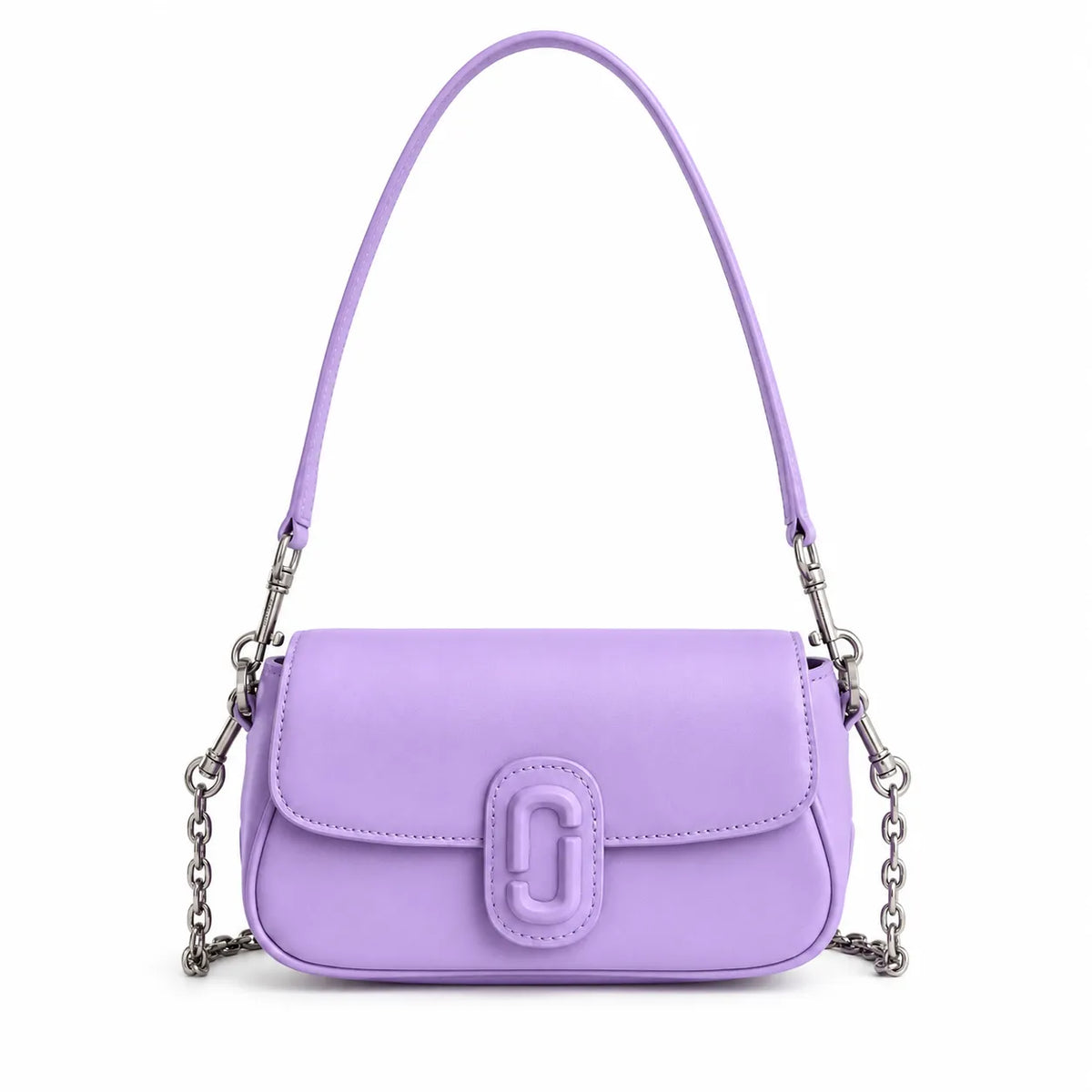 Marc Jacobs Clover in lavender | Smooth pebbled leather signature J-shaped buckle flap detachable chain shoulder strap women's designer mini crossbody bag