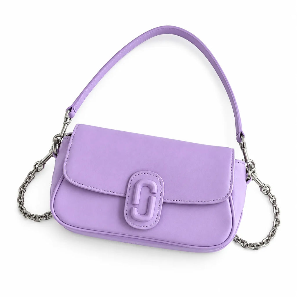 Marc Jacobs Clover in lavender | Smooth pebbled leather signature J-shaped buckle flap detachable chain shoulder strap women's designer mini crossbody bag