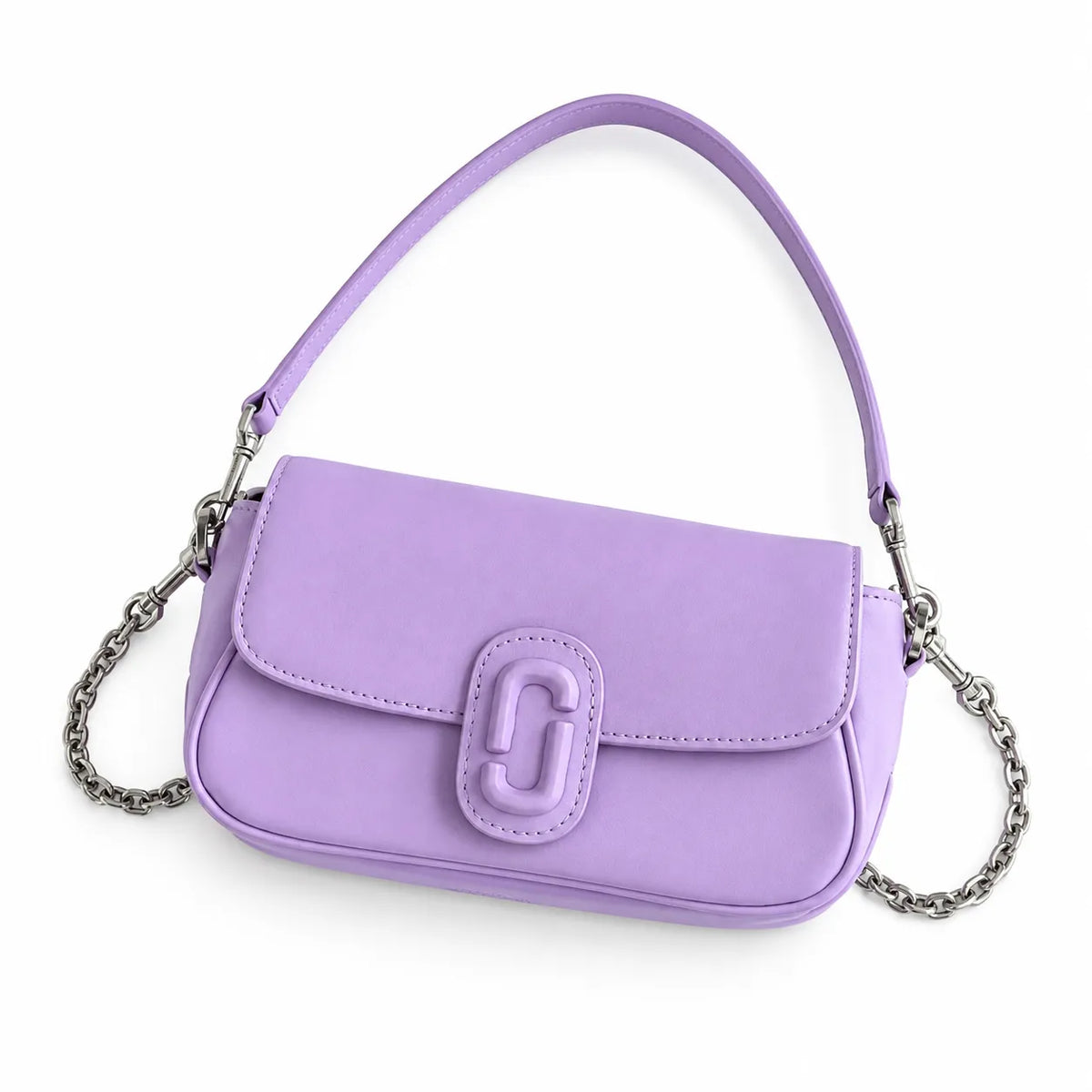 Marc Jacobs Clover in lavender | Smooth pebbled leather signature J-shaped buckle flap detachable chain shoulder strap women's designer mini crossbody bag