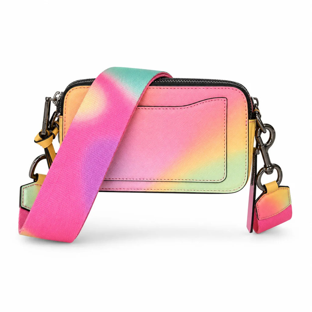 Marc Jacobs Snapshot Rainbow Gradient Camera Bag | Dreamy unicorn color scheme  iconic double J logo  wide jacquard shoulder strap  women's designer rainbow gradient camera bag