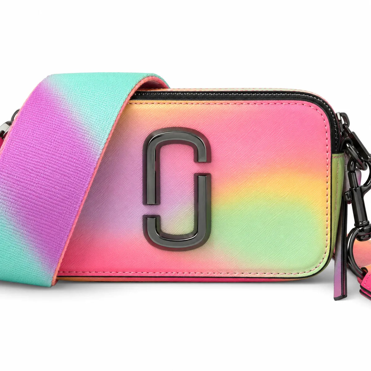 Marc Jacobs Snapshot Rainbow Gradient Camera Bag | Dreamy unicorn color scheme  iconic double J logo  wide jacquard shoulder strap  women's designer rainbow gradient camera bag