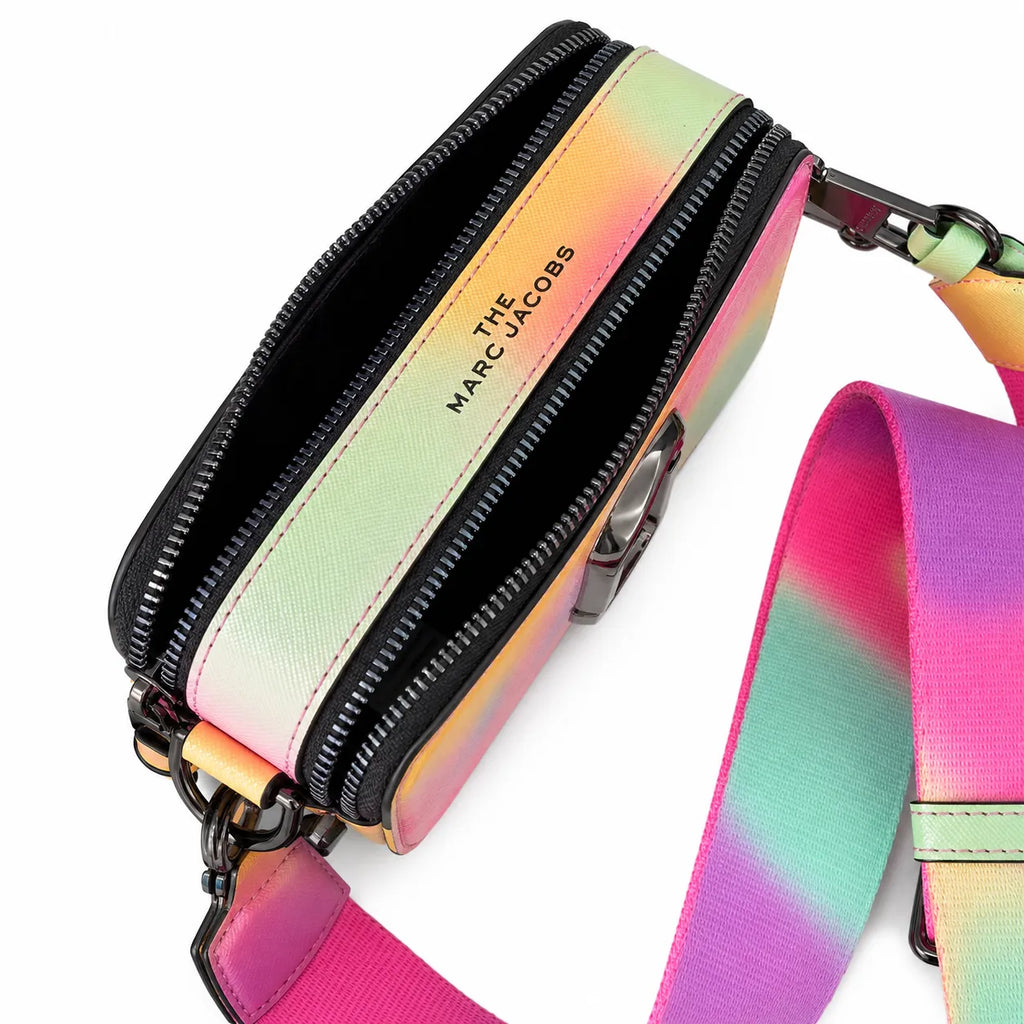 Marc Jacobs Snapshot Rainbow Gradient Camera Bag | Dreamy unicorn color scheme  iconic double J logo  wide jacquard shoulder strap  women's designer rainbow gradient camera bag