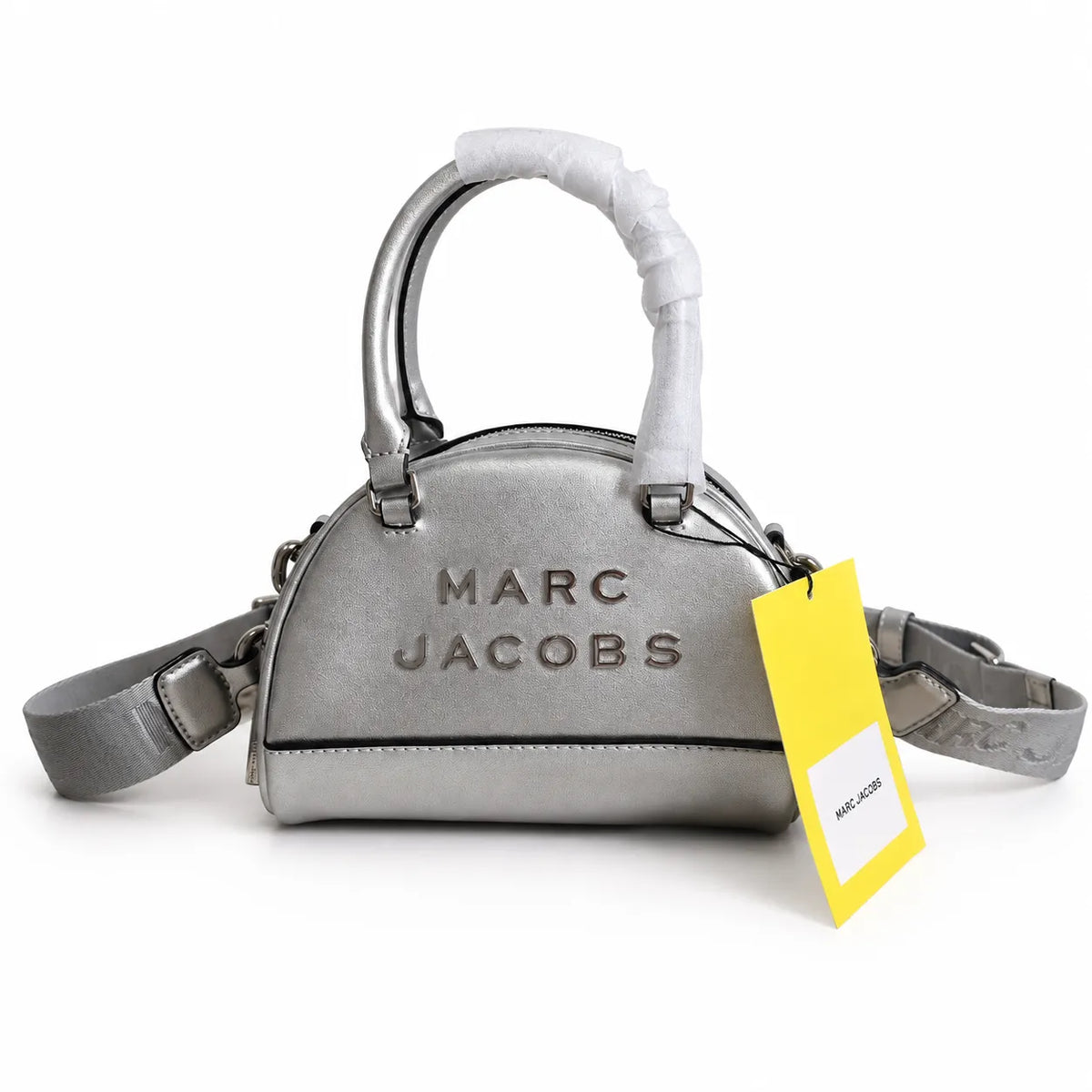 Marc Jacobs Mini Dome Metallic Silver | Embossed Logo  Detachable Jacquard Shoulder Strap  Women's Designer Crossbody Bag