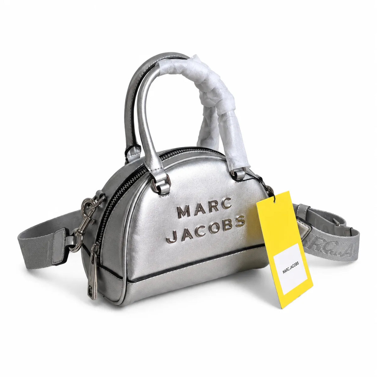 Marc Jacobs Mini Dome Metallic Silver | Embossed Logo  Detachable Jacquard Shoulder Strap  Women's Designer Crossbody Bag