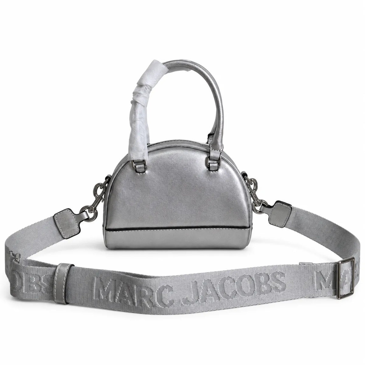 Marc Jacobs Mini Dome Metallic Silver | Embossed Logo  Detachable Jacquard Shoulder Strap  Women's Designer Crossbody Bag
