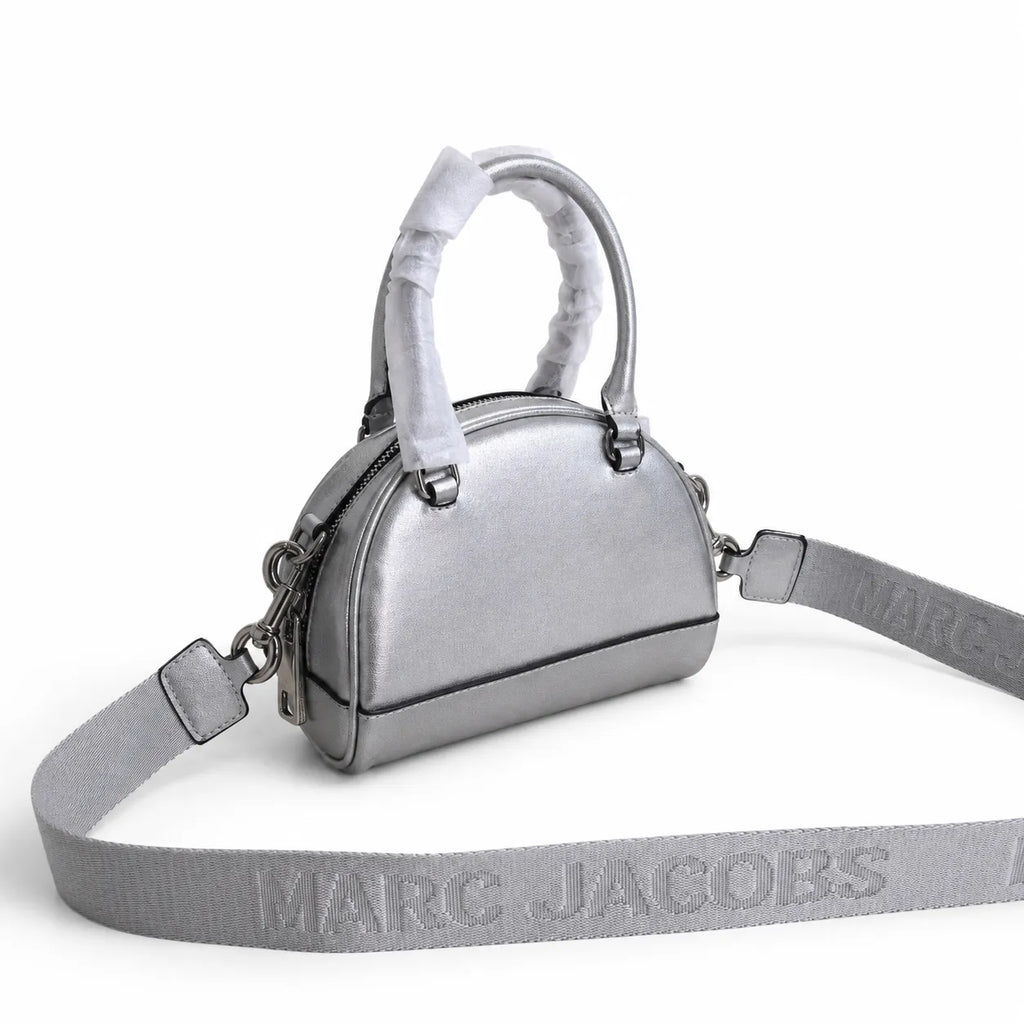 Marc Jacobs Mini Dome Metallic Silver | Embossed Logo  Detachable Jacquard Shoulder Strap  Women's Designer Crossbody Bag