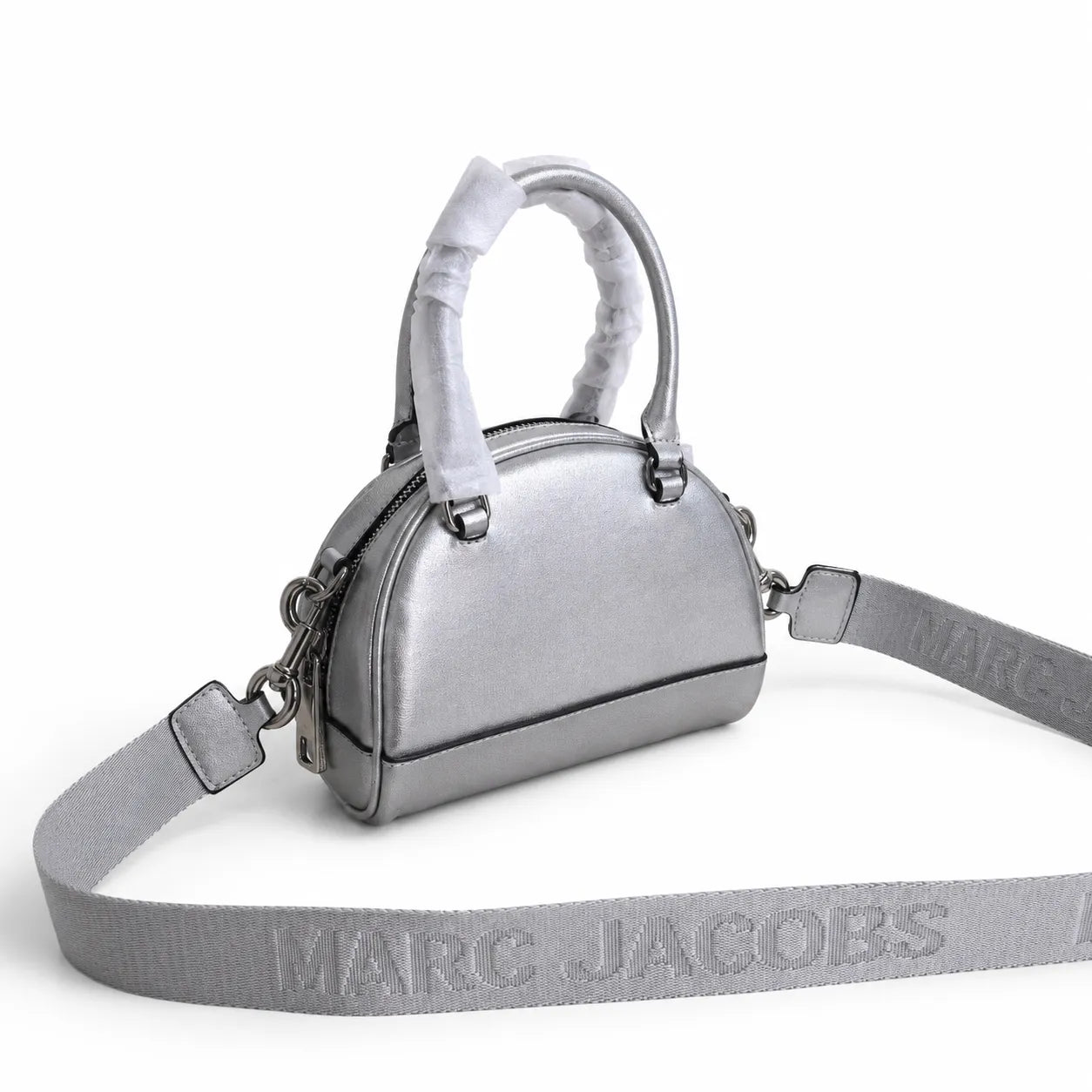 Marc Jacobs Mini Dome Metallic Silver | Embossed Logo  Detachable Jacquard Shoulder Strap  Women's Designer Crossbody Bag