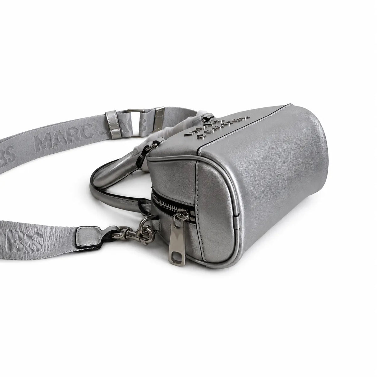 Marc Jacobs Mini Dome Metallic Silver | Embossed Logo  Detachable Jacquard Shoulder Strap  Women's Designer Crossbody Bag