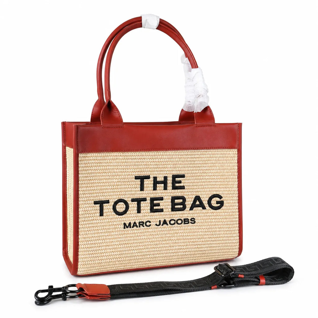 Marc Jacobs Raffia and Leather | Rust Red Trim      Embossed Logo Detachable Shoulder Strap Women's Designer Summer Handbag