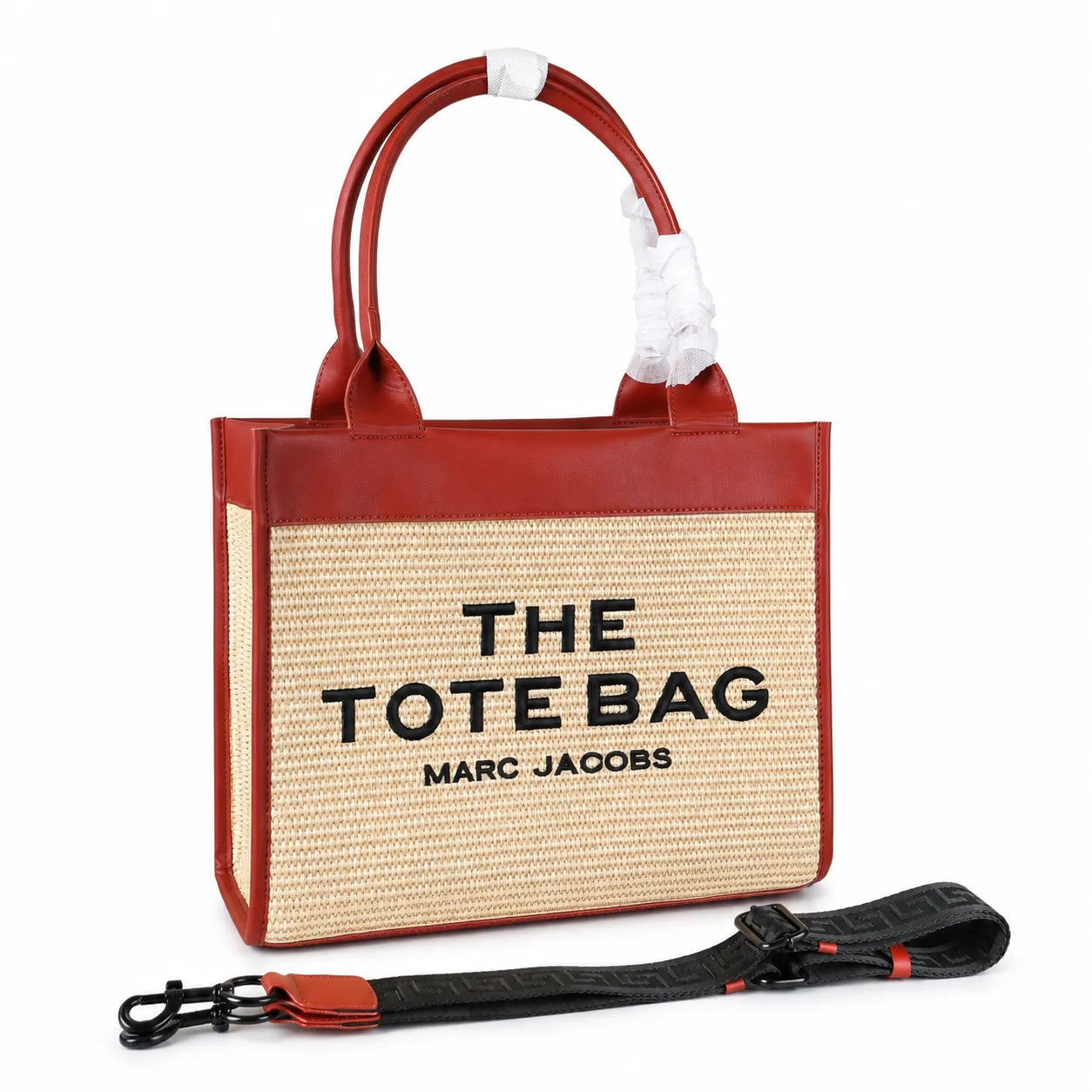 Marc Jacobs Raffia and Leather | Rust Red Trim      Embossed Logo Detachable Shoulder Strap Women's Designer Summer Handbag