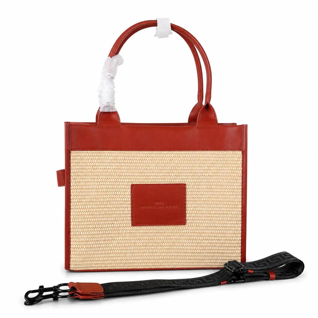 Marc Jacobs Raffia and Leather | Rust Red Trim      Embossed Logo Detachable Shoulder Strap Women's Designer Summer Handbag