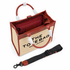 Marc Jacobs Raffia and Leather | Rust Red Trim      Embossed Logo Detachable Shoulder Strap Women's Designer Summer Handbag