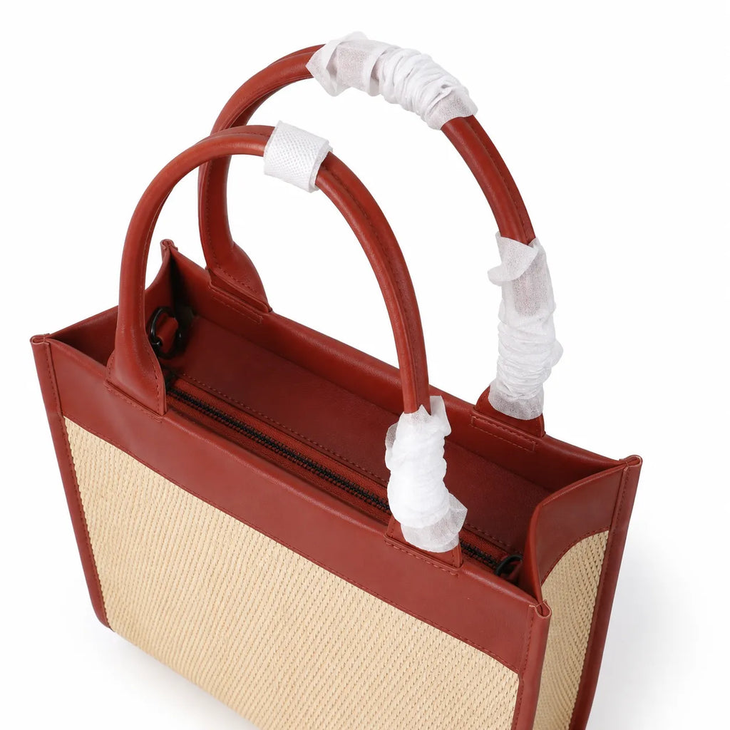 Marc Jacobs Raffia and Leather | Rust Red Trim      Embossed Logo Detachable Shoulder Strap Women's Designer Summer Handbag