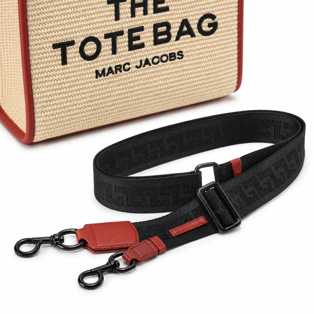 Marc Jacobs Raffia and Leather | Rust Red Trim      Embossed Logo Detachable Shoulder Strap Women's Designer Summer Handbag