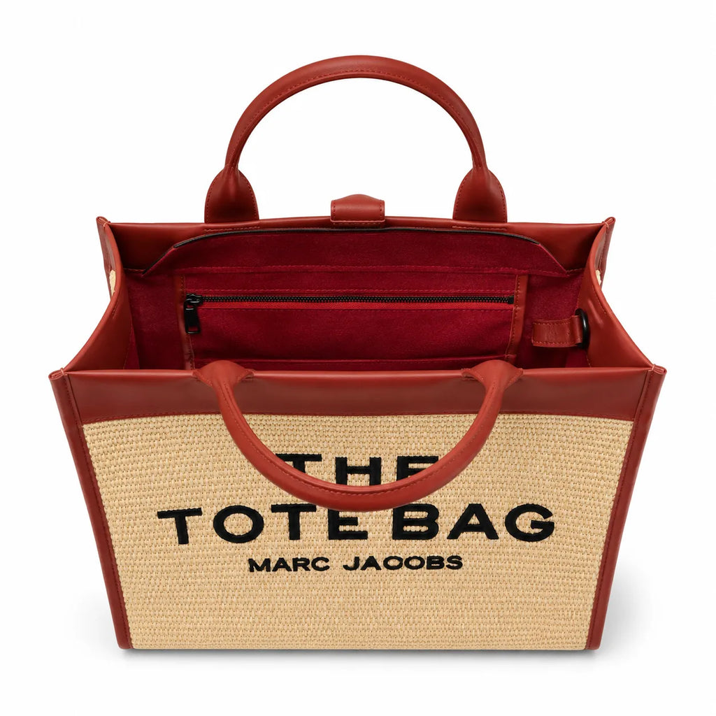 Marc Jacobs Raffia and Leather | Rust Red Trim      Embossed Logo Detachable Shoulder Strap Women's Designer Summer Handbag