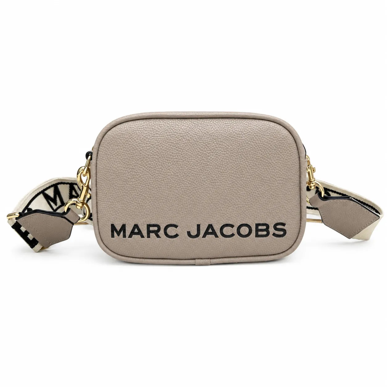 Marc Jacobs Snapshot | Beige and brown pebbled leather  iconic double J logo  wide jacquard shoulder strap women's designer color-blocked leather camera bag