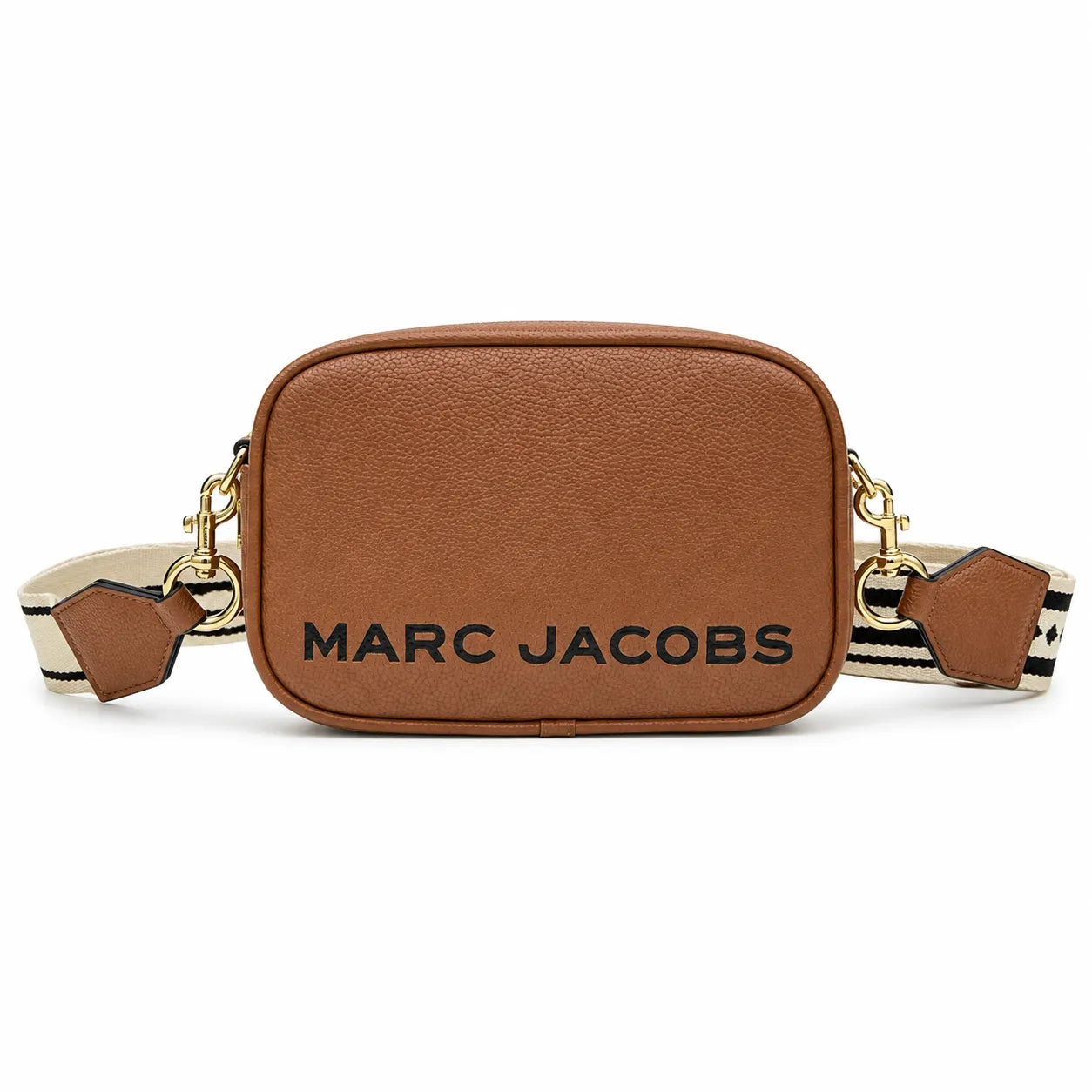 Marc Jacobs Snapshot | Beige and brown pebbled leather  iconic double J logo  wide jacquard shoulder strap women's designer color-blocked leather camera bag
