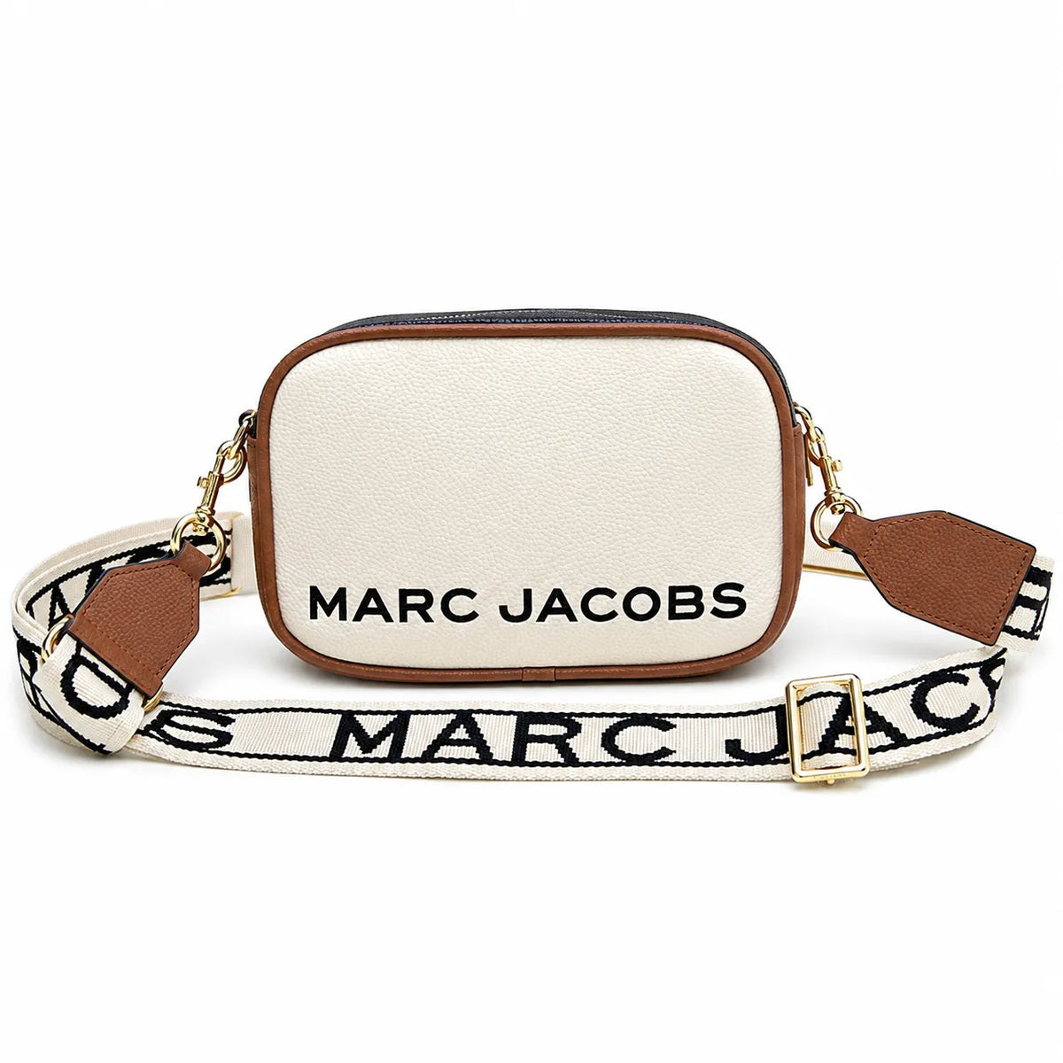 Marc Jacobs Snapshot | Beige and brown pebbled leather  iconic double J logo  wide jacquard shoulder strap women's designer color-blocked leather camera bag