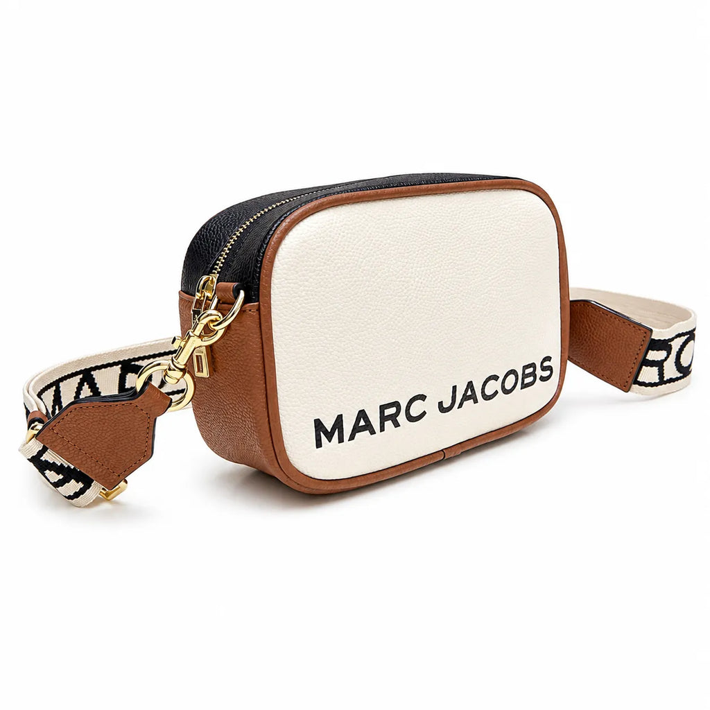 Marc Jacobs Snapshot | Beige and brown pebbled leather  iconic double J logo  wide jacquard shoulder strap women's designer color-blocked leather camera bag