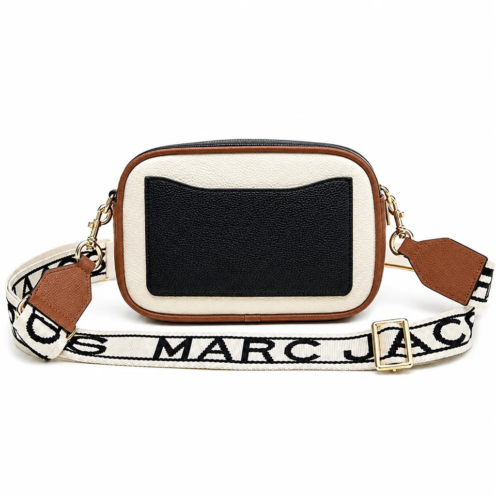 Marc Jacobs Snapshot | Beige and brown pebbled leather  iconic double J logo  wide jacquard shoulder strap women's designer color-blocked leather camera bag