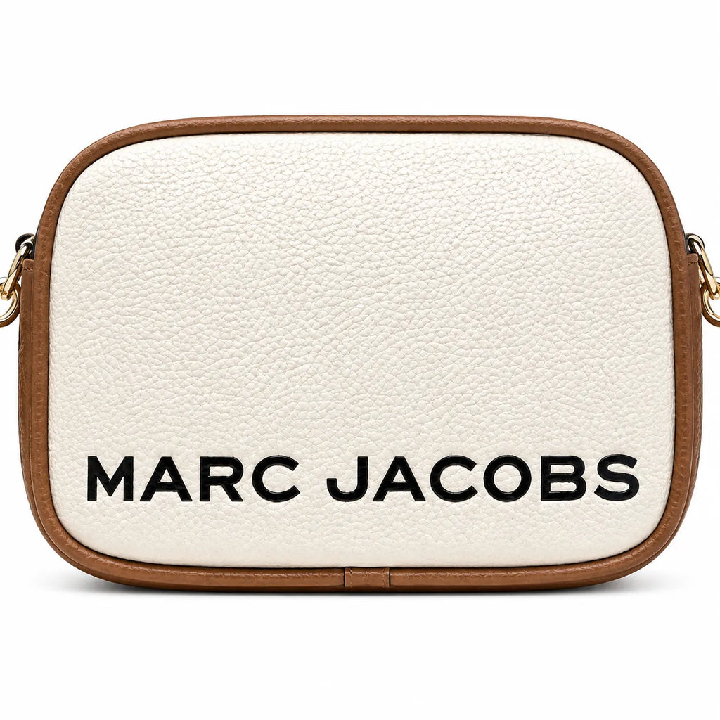 Marc Jacobs Snapshot | Beige and brown pebbled leather  iconic double J logo  wide jacquard shoulder strap women's designer color-blocked leather camera bag