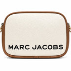 Marc Jacobs Snapshot | Beige and brown pebbled leather  iconic double J logo  wide jacquard shoulder strap women's designer color-blocked leather camera bag