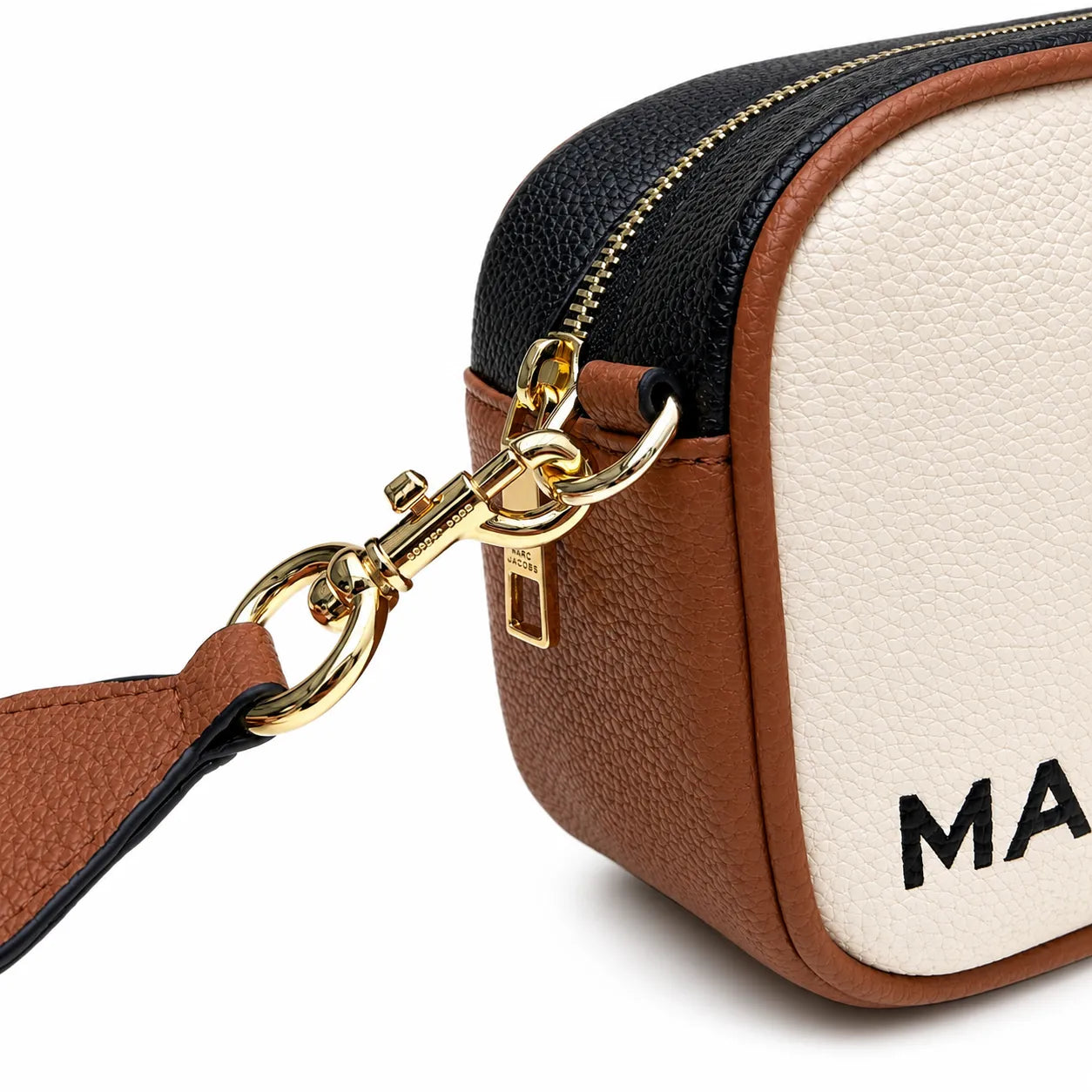 Marc Jacobs Snapshot | Beige and brown pebbled leather  iconic double J logo  wide jacquard shoulder strap women's designer color-blocked leather camera bag