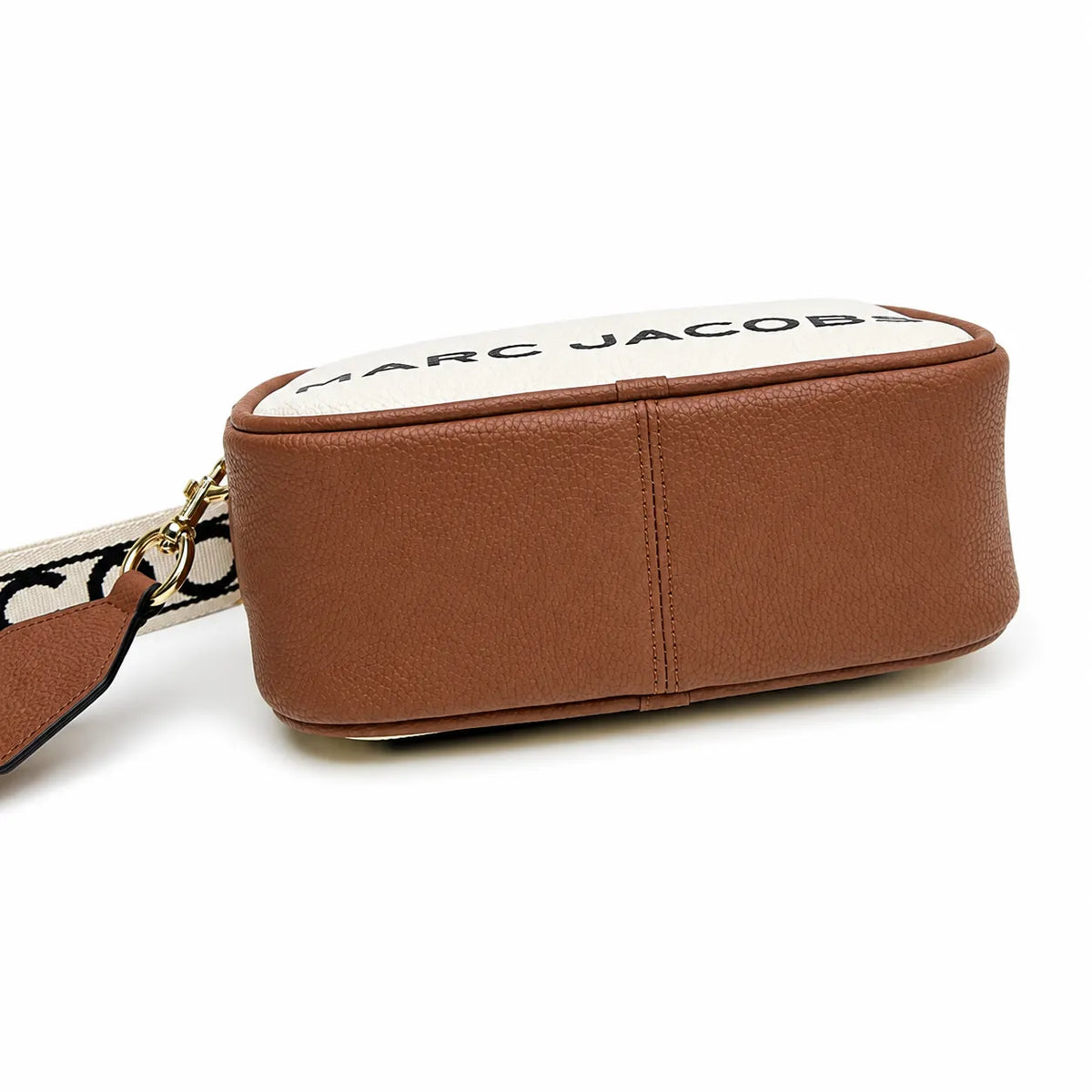 Marc Jacobs Snapshot | Beige and brown pebbled leather  iconic double J logo  wide jacquard shoulder strap women's designer color-blocked leather camera bag