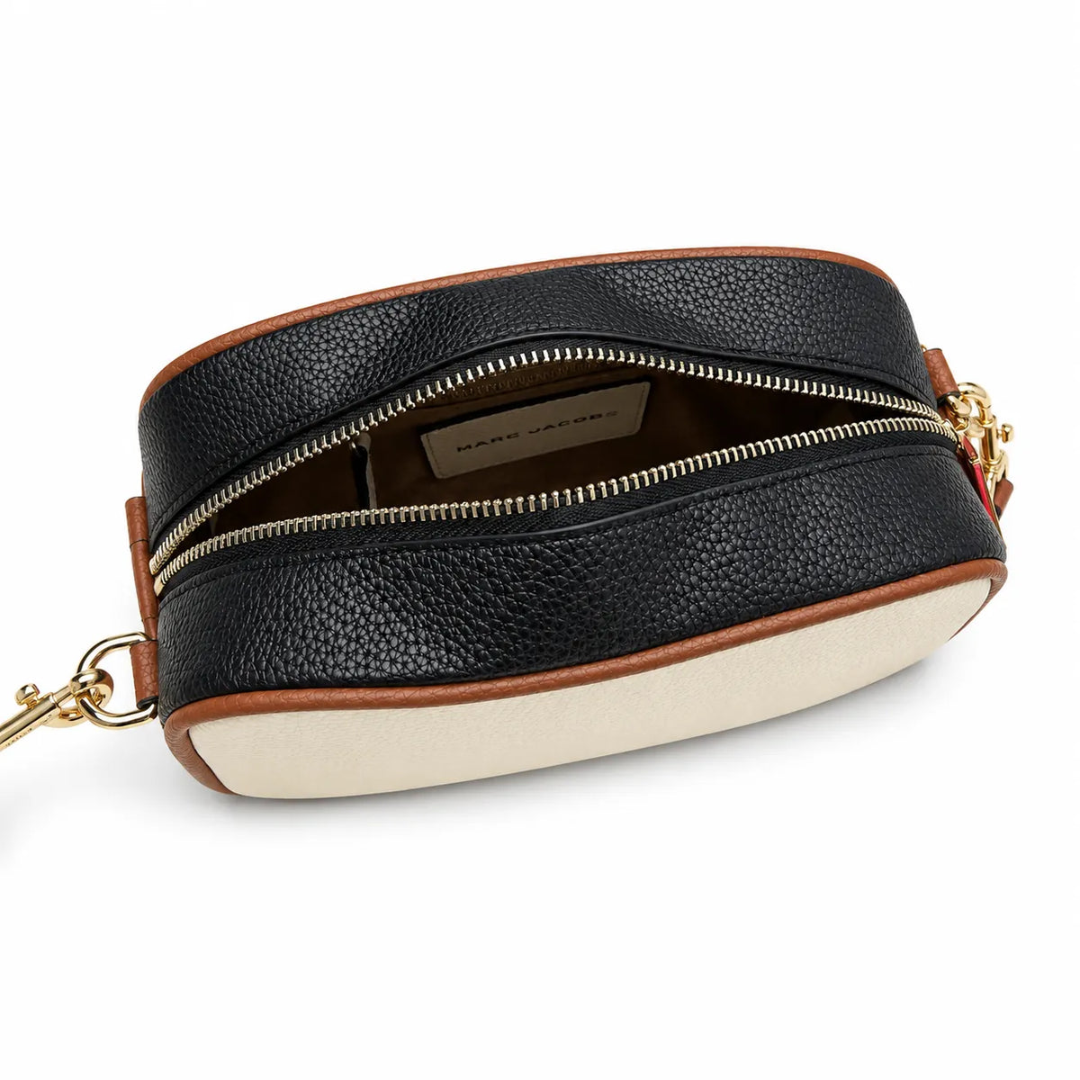 Marc Jacobs Snapshot | Beige and brown pebbled leather  iconic double J logo  wide jacquard shoulder strap women's designer color-blocked leather camera bag