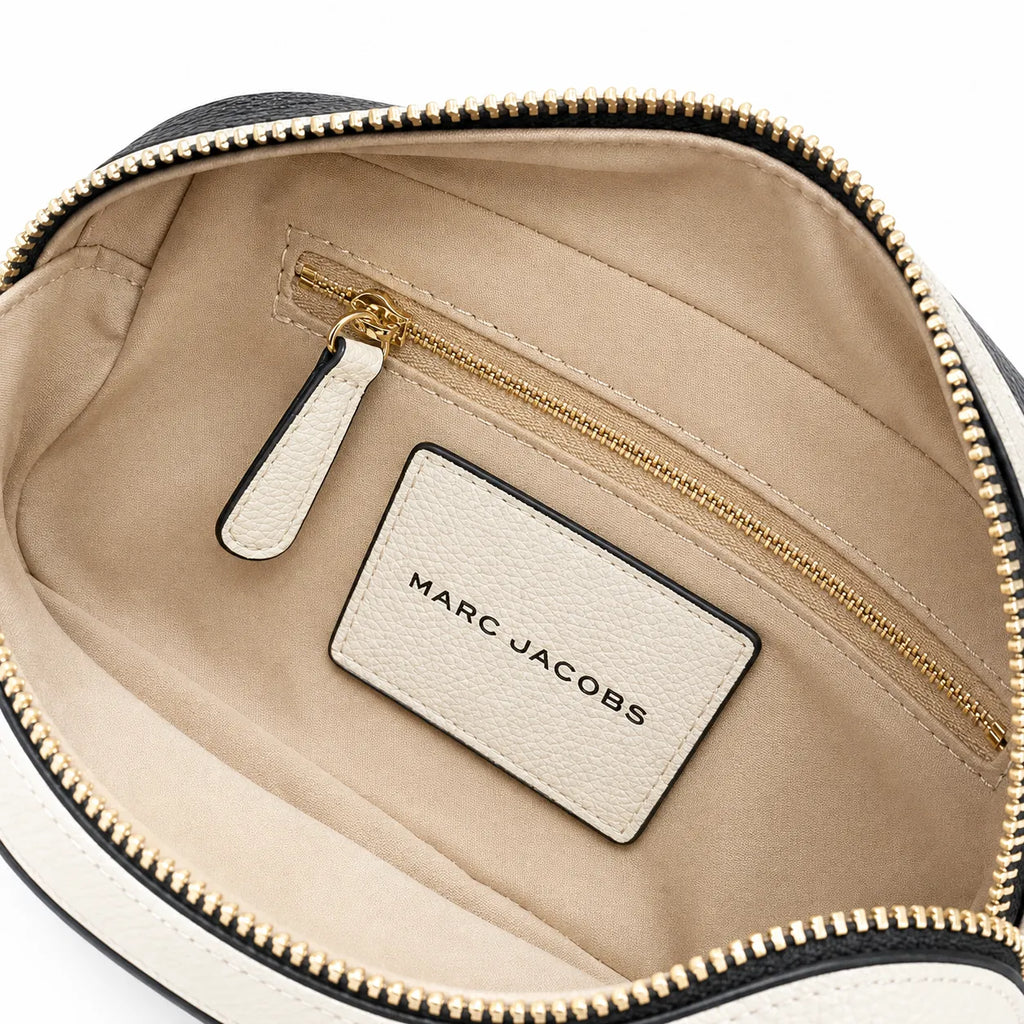 Marc Jacobs Snapshot | Beige and brown pebbled leather  iconic double J logo  wide jacquard shoulder strap women's designer color-blocked leather camera bag