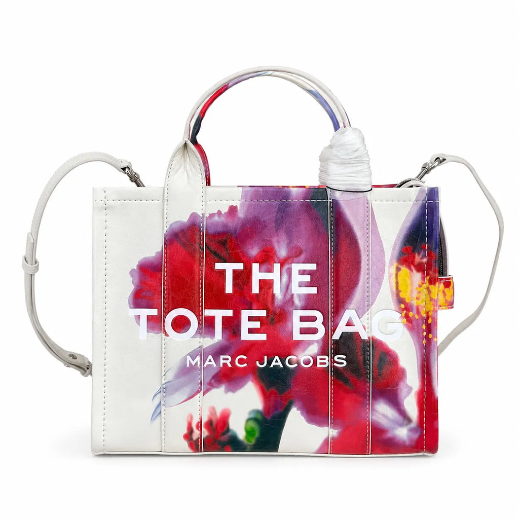 Marc Jacobs Medium Future Floral | White base with vibrant floral print  embossed logo detachable shoulder strap  women's commuter tote bag