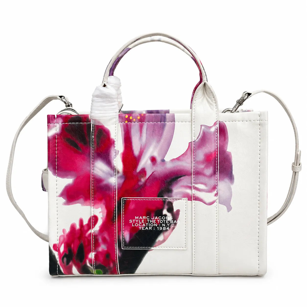 Marc Jacobs Medium Future Floral | White base with vibrant floral print  embossed logo detachable shoulder strap  women's commuter tote bag