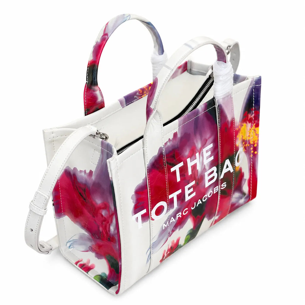 Marc Jacobs Medium Future Floral | White base with vibrant floral print  embossed logo detachable shoulder strap  women's commuter tote bag