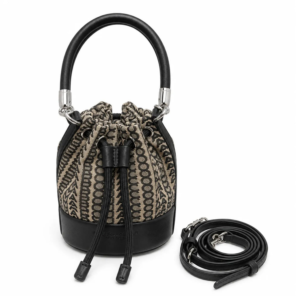 Marc Jacobs Monogram | Beige and black jacquard fabric  leather trim drawstring closure detachable shoulder strap  women's designer mini bucket bag