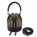 Marc Jacobs Monogram | Beige and black jacquard fabric  leather trim drawstring closure detachable shoulder strap  women's designer mini bucket bag