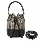 Marc Jacobs Monogram | Beige and black jacquard fabric  leather trim drawstring closure detachable shoulder strap  women's designer mini bucket bag