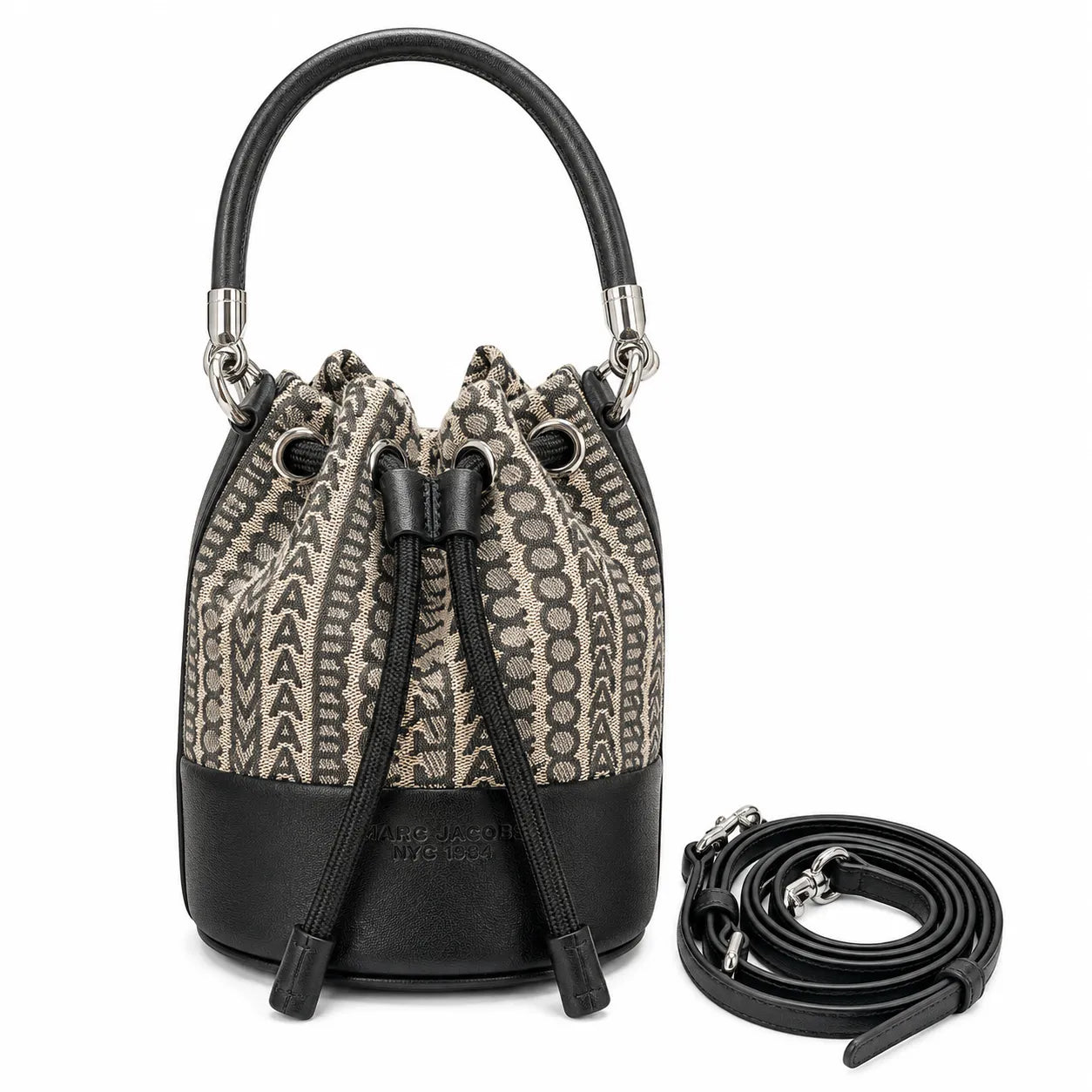 Marc Jacobs Monogram | Beige and black jacquard fabric  leather trim drawstring closure detachable shoulder strap  women's designer mini bucket bag