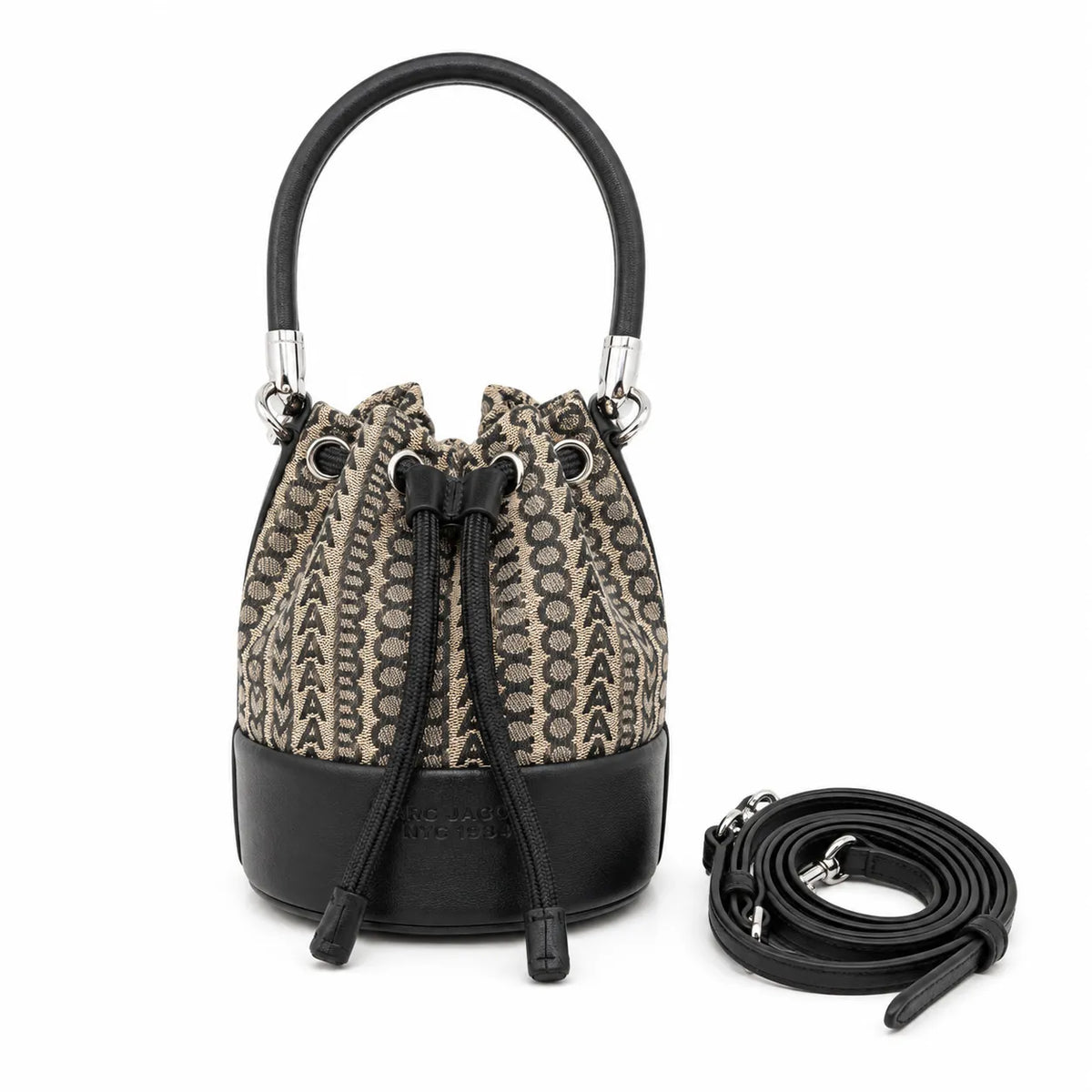 Marc Jacobs Monogram | Beige and black jacquard fabric  leather trim drawstring closure detachable shoulder strap  women's designer mini bucket bag