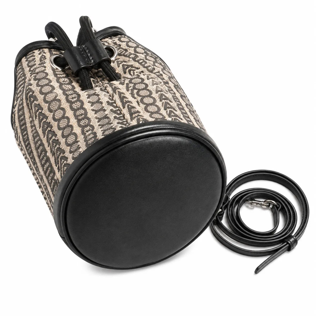 Marc Jacobs Monogram | Beige and black jacquard fabric  leather trim drawstring closure detachable shoulder strap  women's designer mini bucket bag
