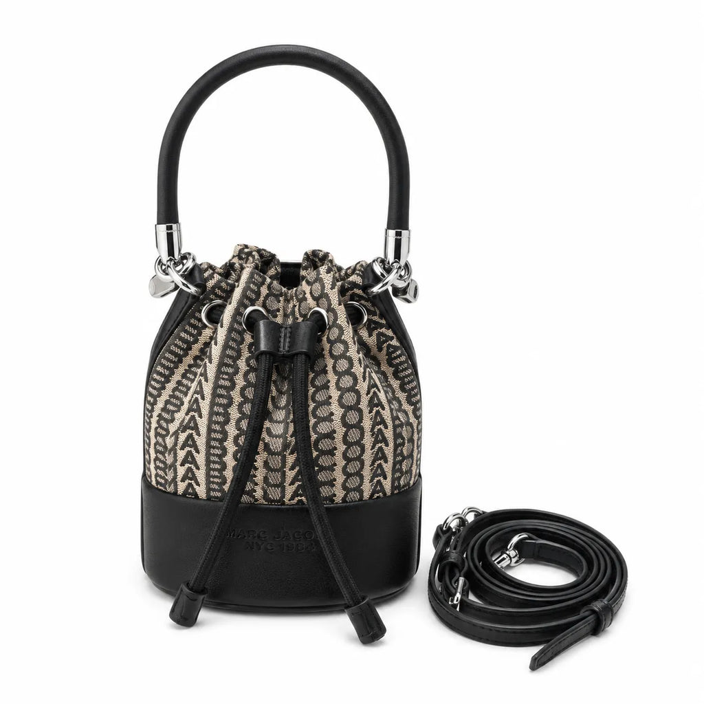 Marc Jacobs Monogram | Beige and black jacquard fabric  leather trim drawstring closure detachable shoulder strap  women's designer mini bucket bag