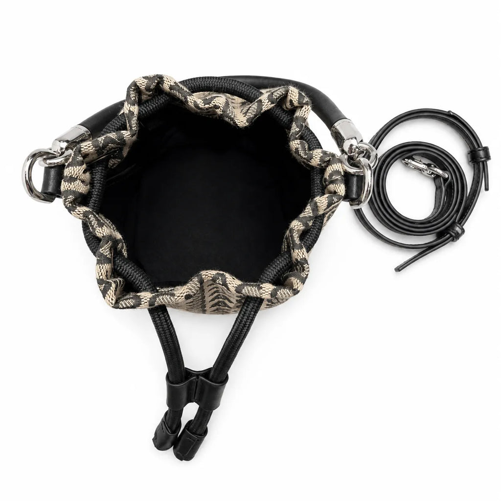 Marc Jacobs Monogram | Beige and black jacquard fabric  leather trim drawstring closure detachable shoulder strap  women's designer mini bucket bag