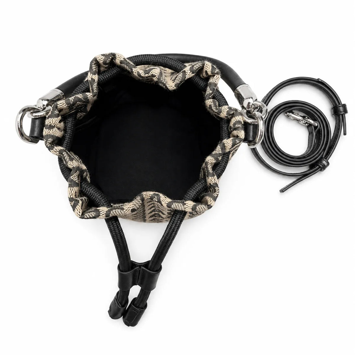 Marc Jacobs Monogram | Beige and black jacquard fabric  leather trim drawstring closure detachable shoulder strap  women's designer mini bucket bag