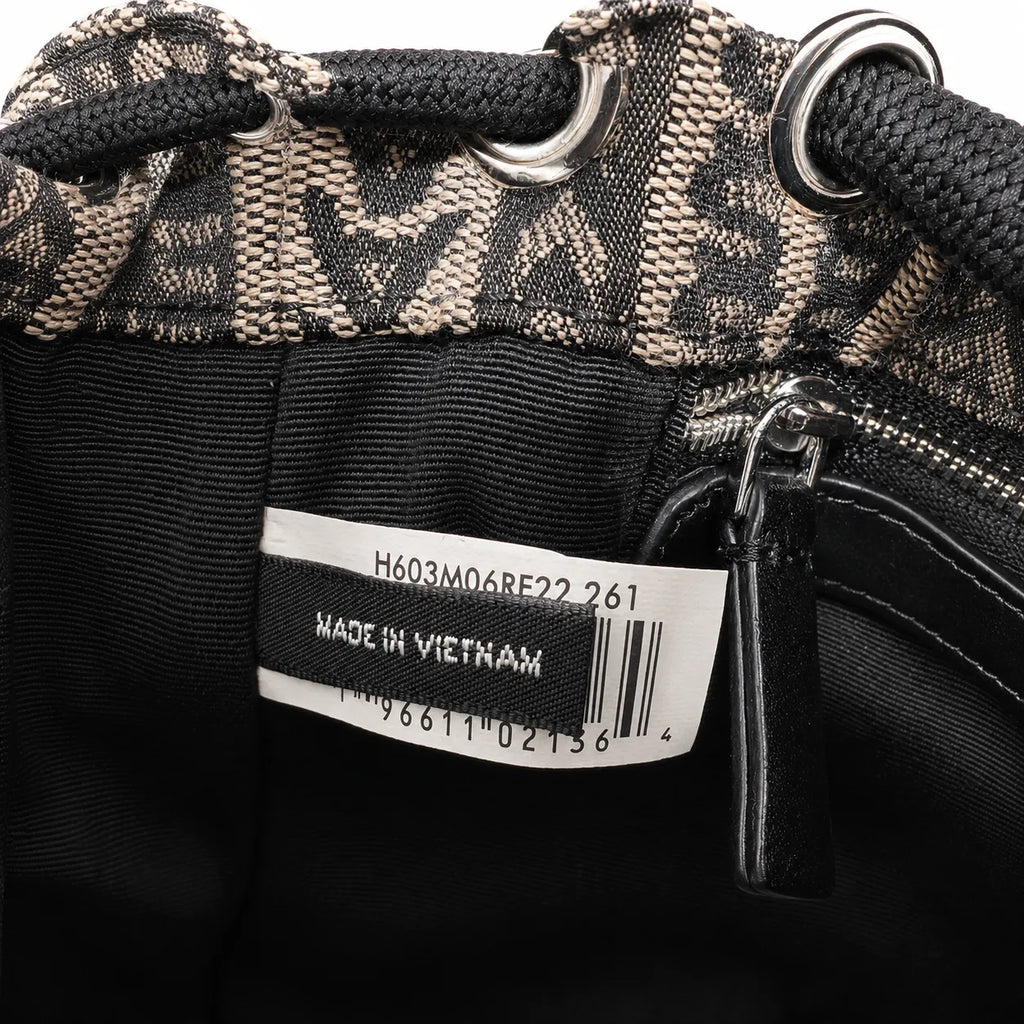 Marc Jacobs Monogram | Beige and black jacquard fabric  leather trim drawstring closure detachable shoulder strap  women's designer mini bucket bag
