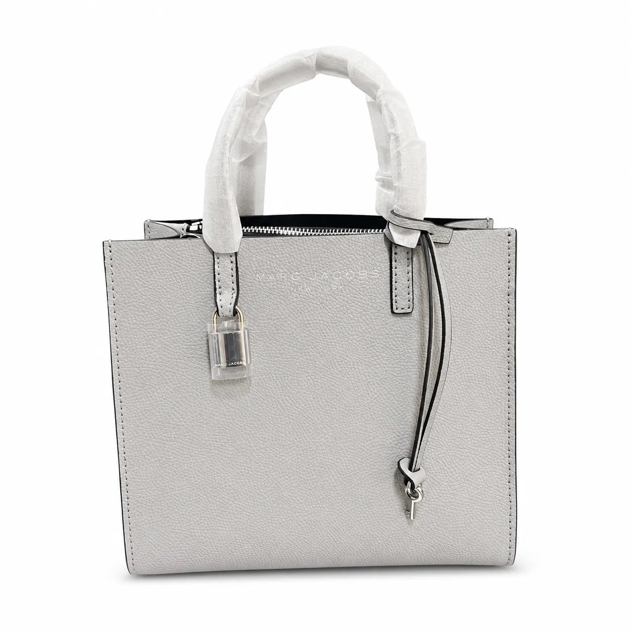 Marc Jacobs The Mini Grind | Light grey pebbled leather  embossed logo  detachable shoulder strap  women's commuter handbag