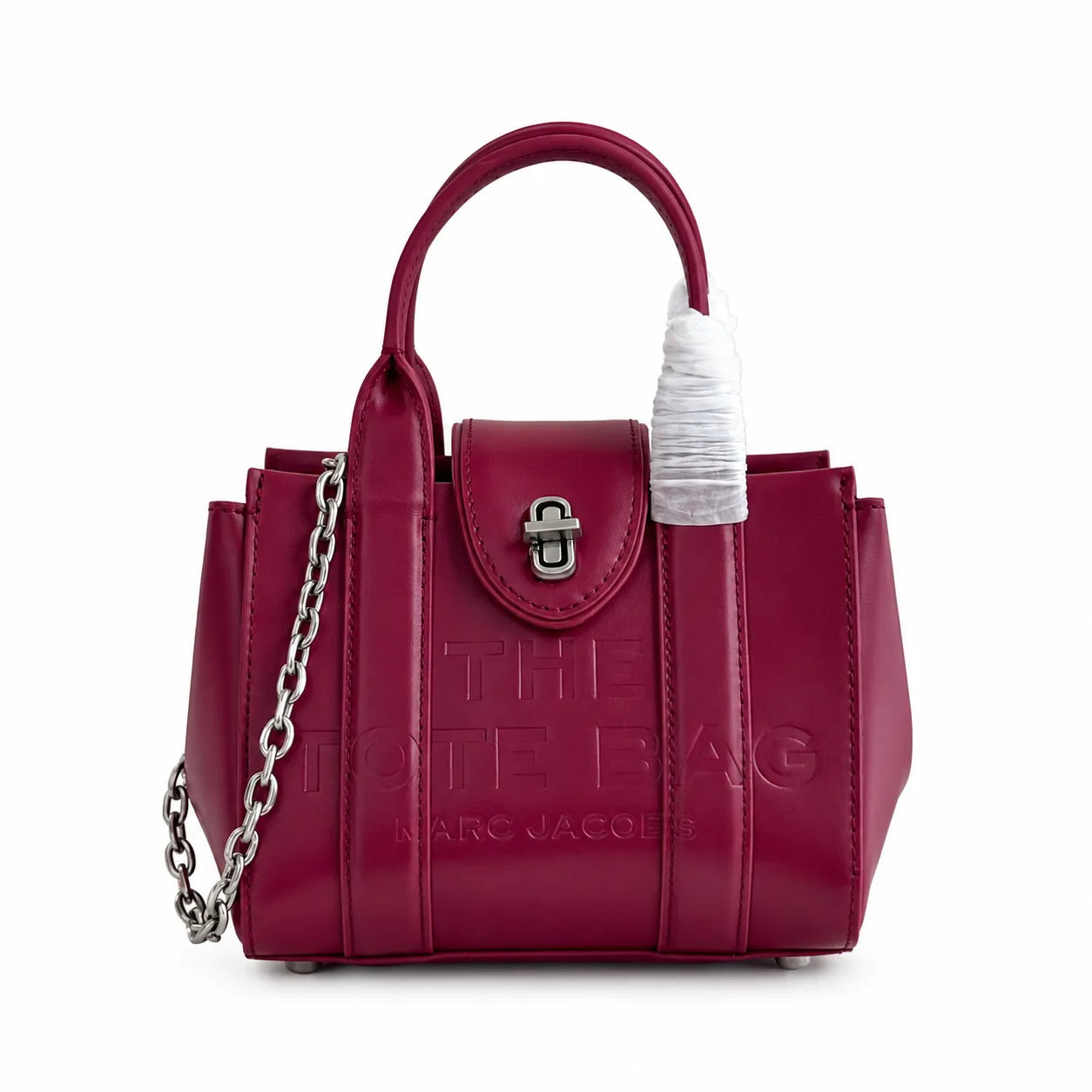 Marc Jacobs | Burgundy smooth leather embossed logo  metal twist clasp  detachable chain shoulder strap  women's commuter tote bag