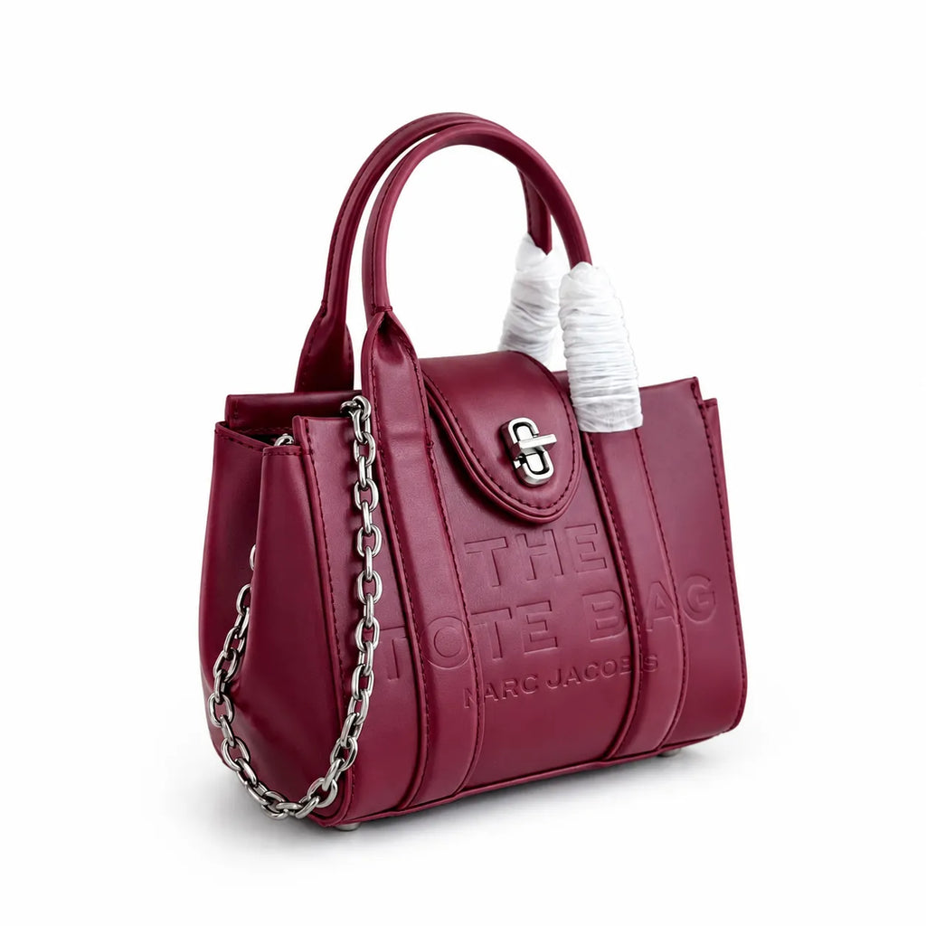 Marc Jacobs | Burgundy smooth leather embossed logo  metal twist clasp  detachable chain shoulder strap  women's commuter tote bag