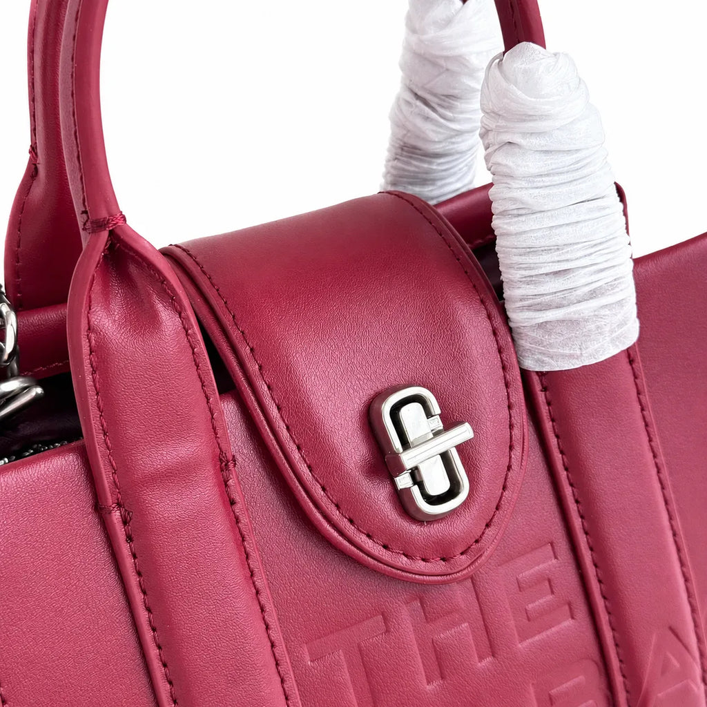 Marc Jacobs | Burgundy smooth leather embossed logo  metal twist clasp  detachable chain shoulder strap  women's commuter tote bag