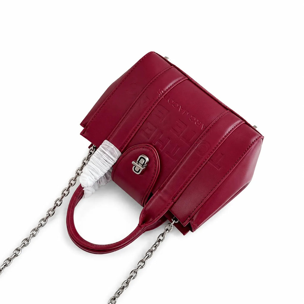 Marc Jacobs | Burgundy smooth leather embossed logo  metal twist clasp  detachable chain shoulder strap  women's commuter tote bag