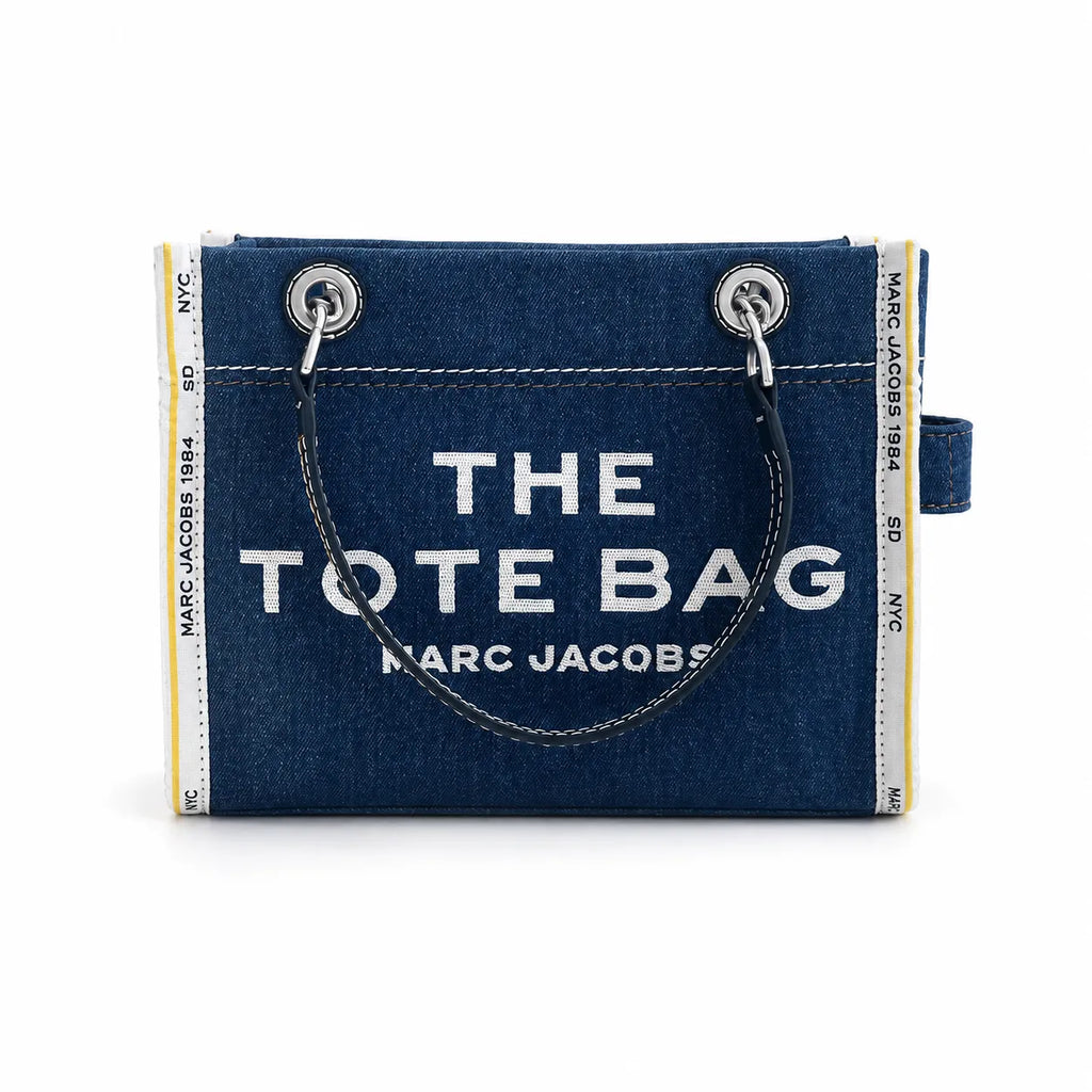 Marc Jacobs | Dark washed denim  silver chain shoulder strap  embossed logo  women's designer denim chain mini tote bag